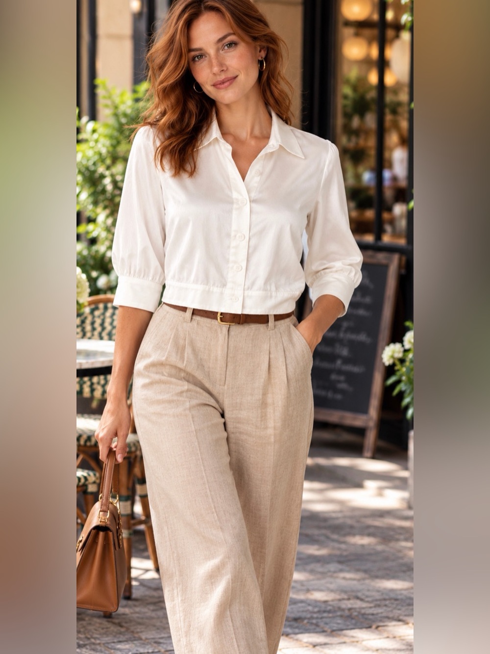 Molly Bracken Ivory Satin Button-Down Blouse with Puff Shoulders